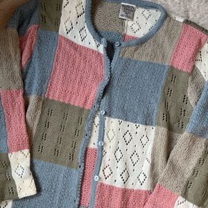 Vintage Allison Daley Pink, Blue, and Cream Knit Patchwork Cardigan Women’s Med